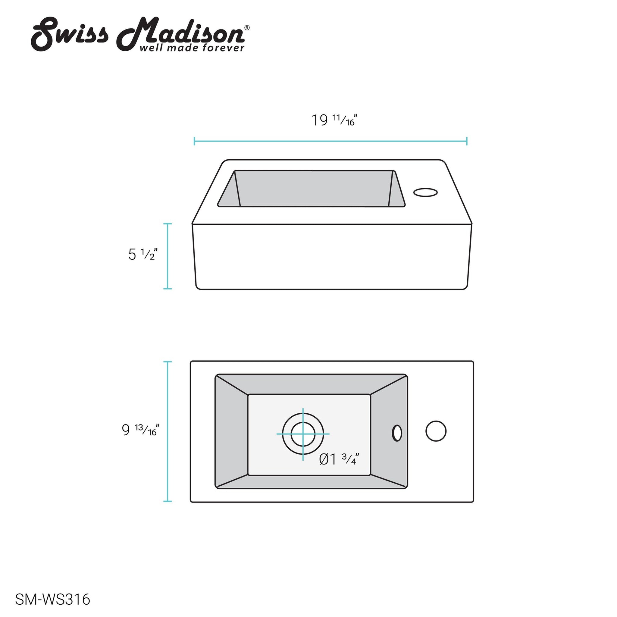 Swiss Madison hot Ceramic Matte Black Wall Mount Sink Voltaire Rectangle Bathroom