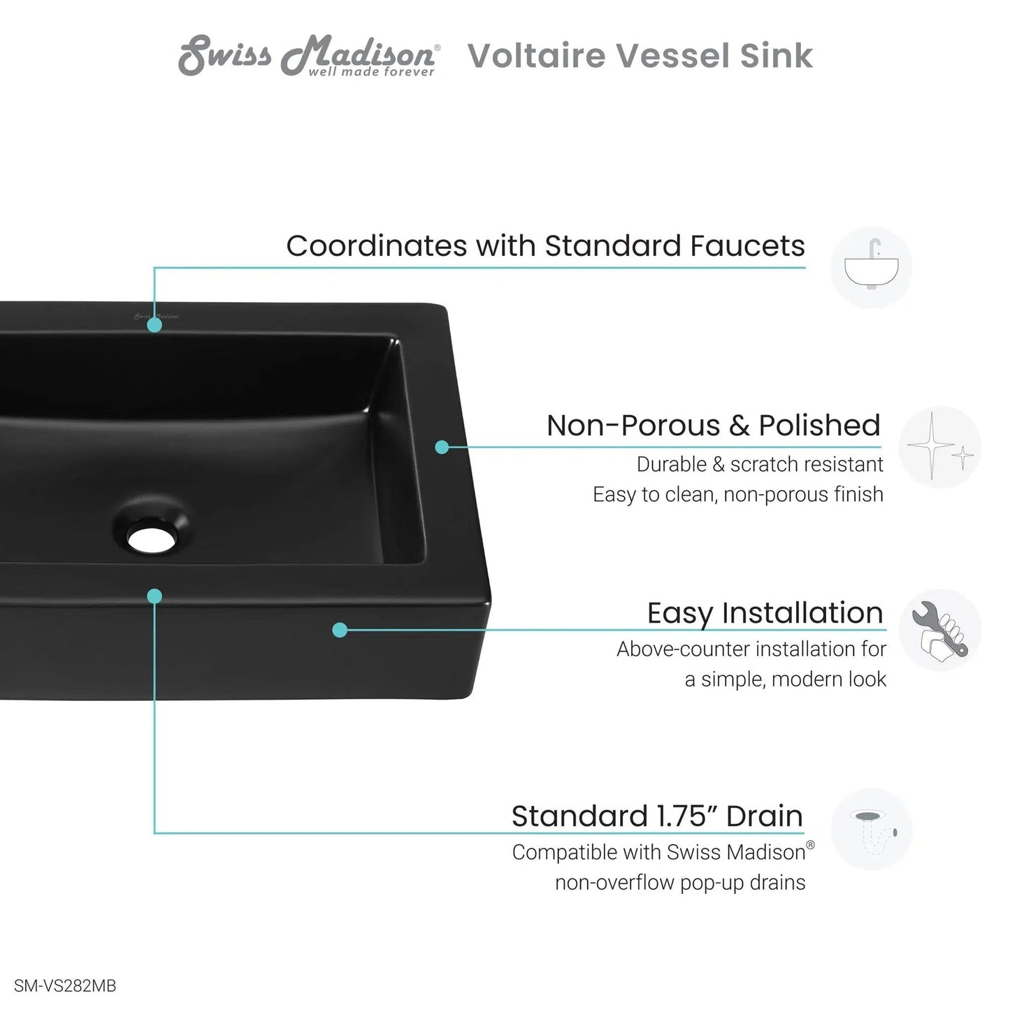 Swiss Madison Voltaire 22" x 16" Matte Black Rectangle Ceramic Vessel Bathroom Sink
