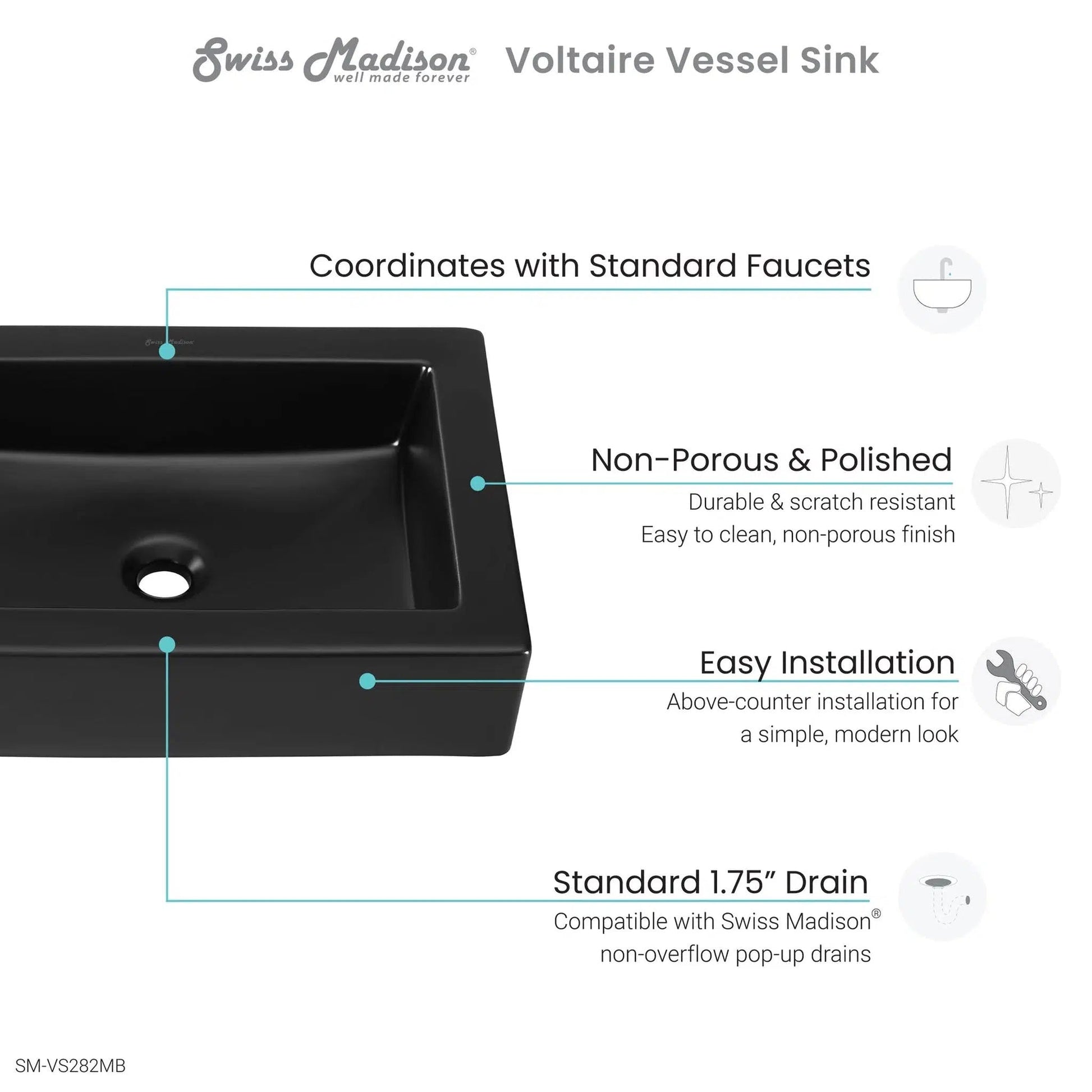 Swiss Madison Voltaire 22" x 16" Matte Black Rectangle Ceramic Vessel Bathroom Sink
