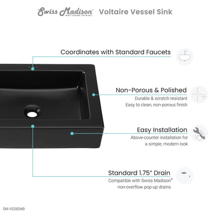 Swiss Madison Voltaire 22" x 16" Matte Black Rectangle Ceramic Vessel Bathroom Sink