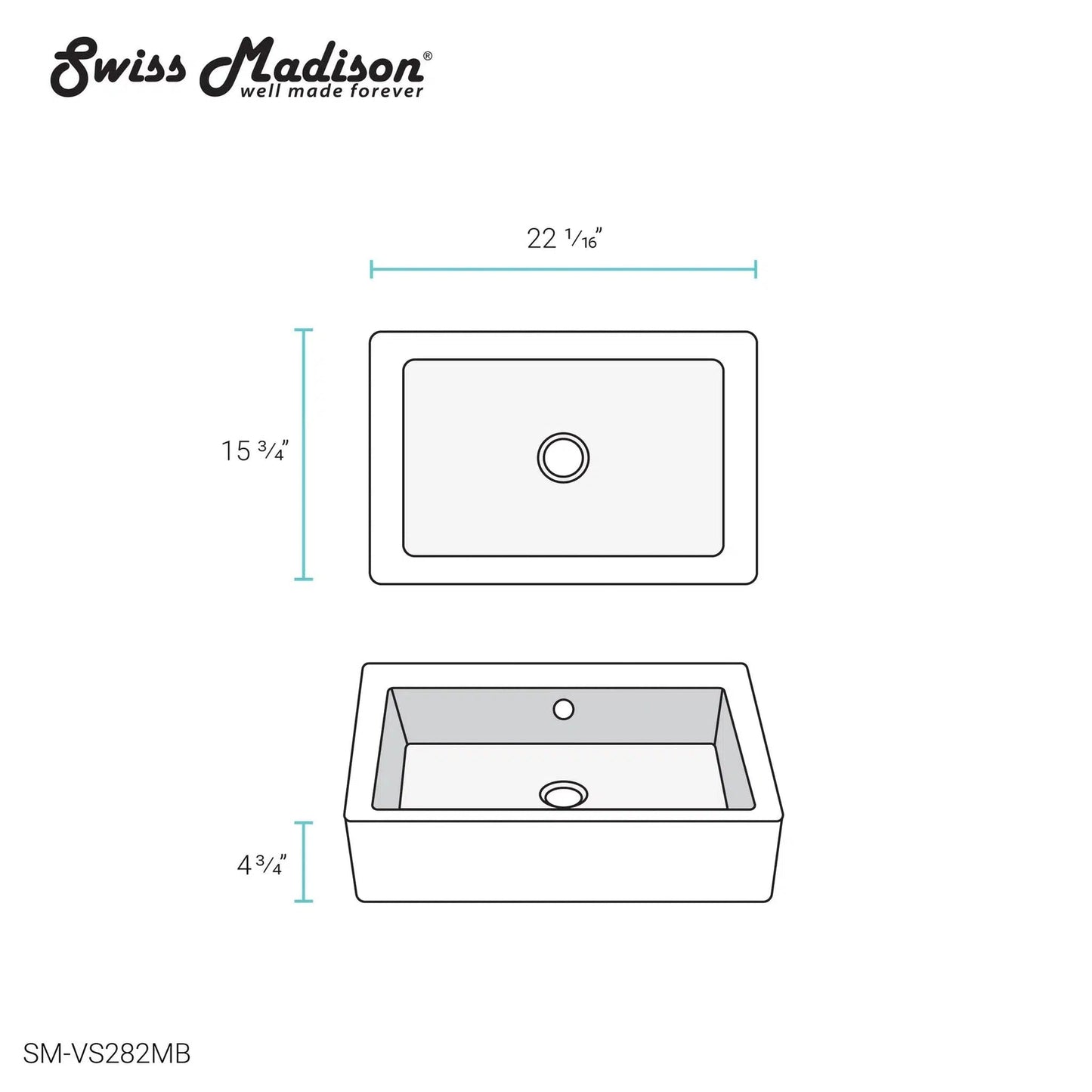 Swiss Madison Voltaire 22" x 16" Matte Black Rectangle Ceramic Vessel Bathroom Sink