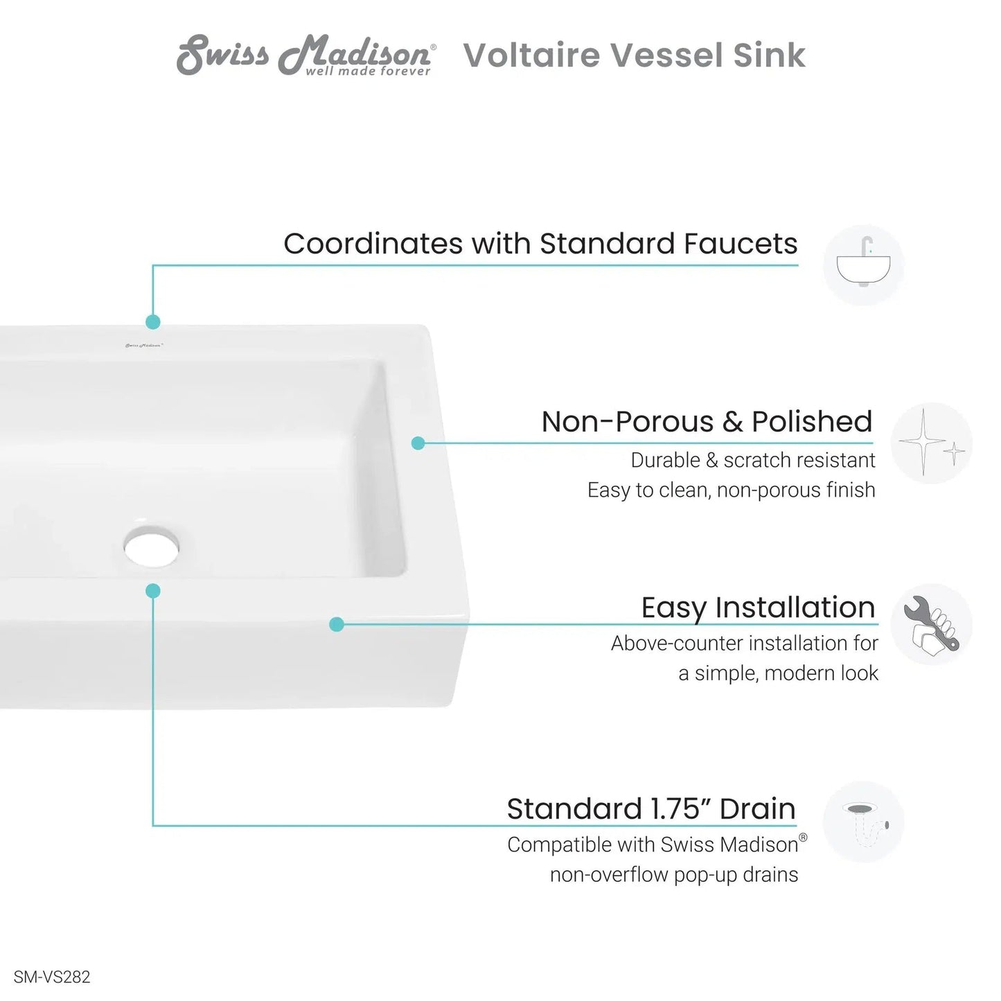 Swiss Madison Voltaire 22" x 16" White Rectangle Ceramic Vessel Bathroom Sink