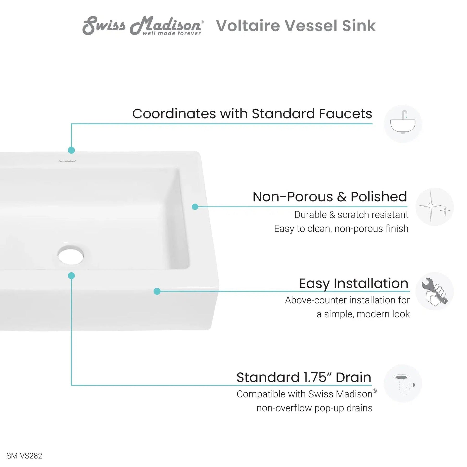 Swiss Madison Voltaire 22" x 16" White Rectangle Ceramic Vessel Bathroom Sink