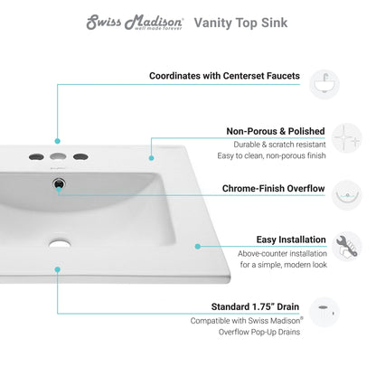 Swiss Madison Voltaire 24" x 19" Rectangular White Ceramic Bathroom Vanity Top Drop-In Sink With 4" Centerset Faucet Holes
