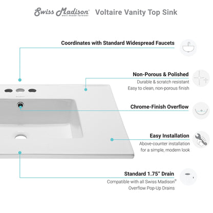 Swiss Madison Voltaire 31" x 22" Rectangular White Ceramic Bathroom Vanity Top Drop-In Sink With 4" Centerset Faucet Holes