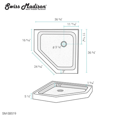 Swiss Madison Voltaire 36" x 36" Corner White Center Drain Shower Base With Built-In Integral Flange