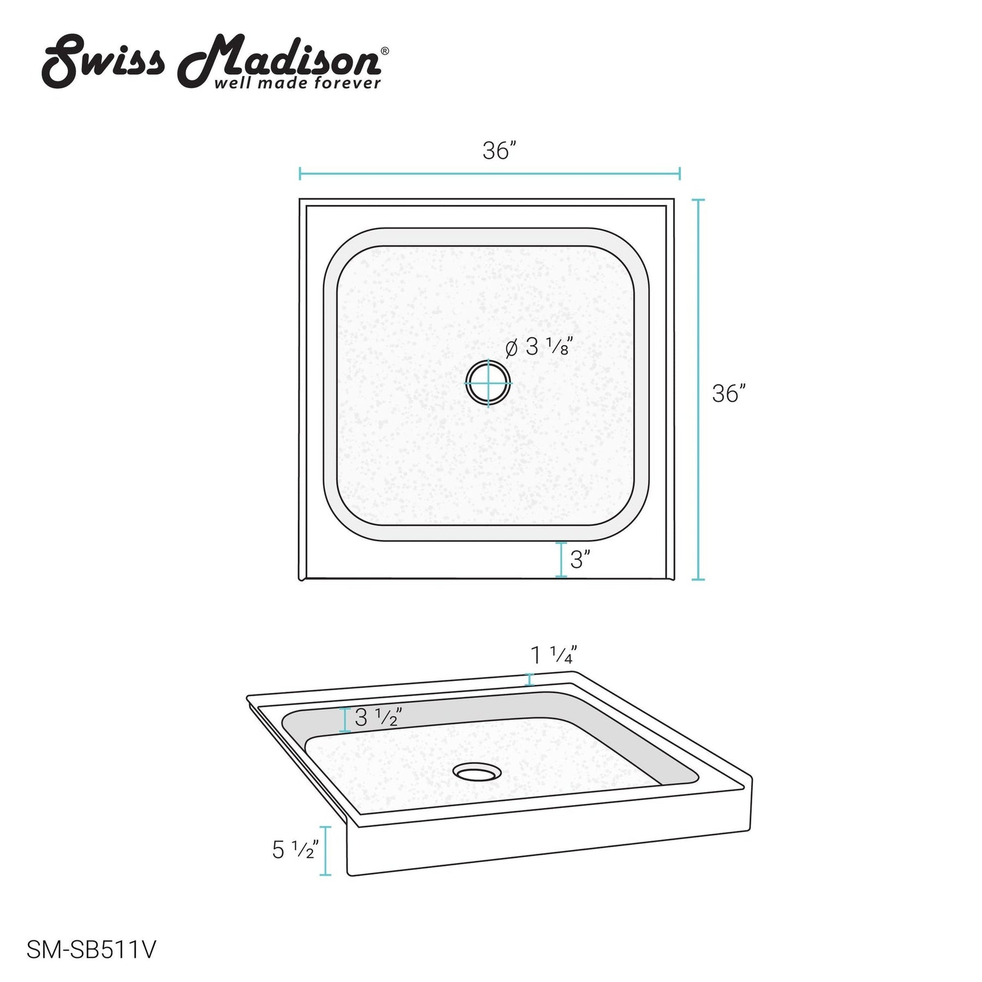 Swiss Madison Voltaire 36" x 36" Three-Wall Alcove Biscuit Center-Hand Drain Shower Base With Built-In Integral Flange