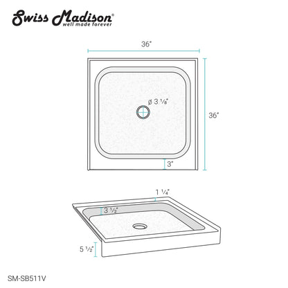 Swiss Madison Voltaire 36" x 36" Three-Wall Alcove Biscuit Center-Hand Drain Shower Base With Built-In Integral Flange