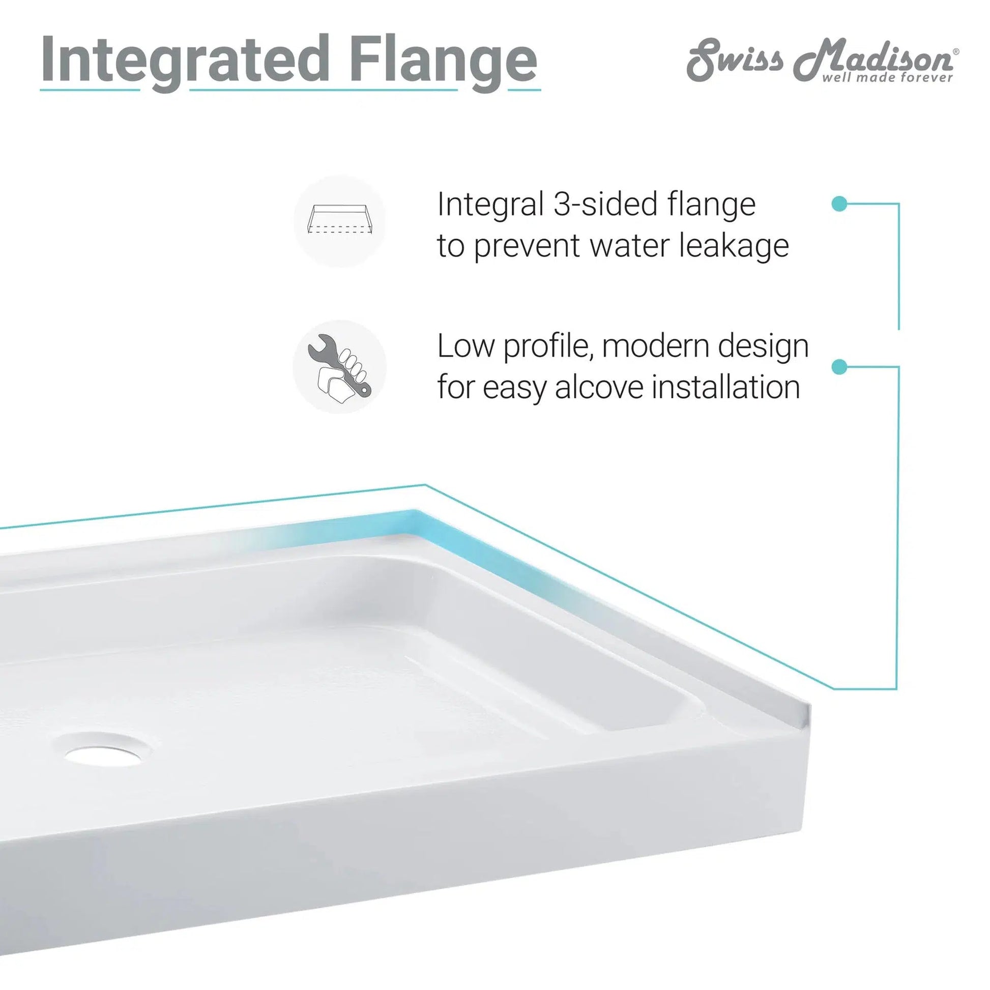 Swiss Madison Voltaire 42" x 36" Three-Wall Alcove White Center Drain Shower Base With Built-In Integral Flange