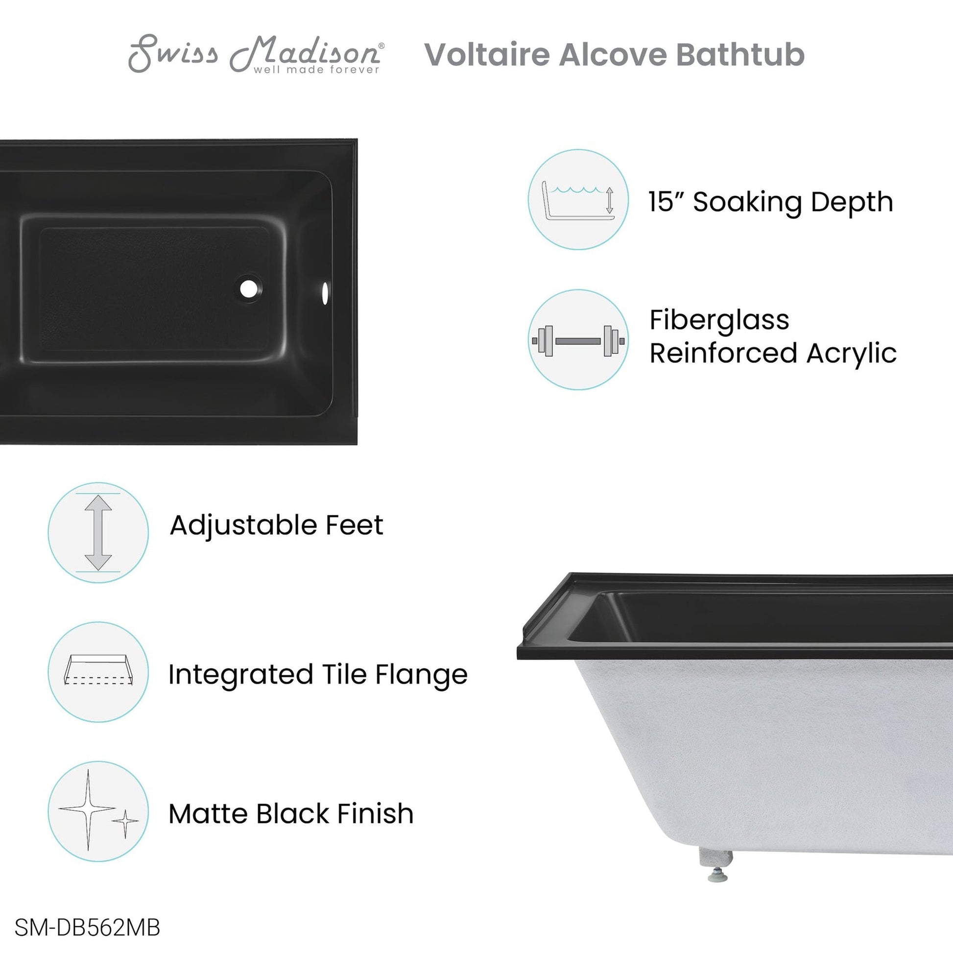 Swiss Madison Voltaire 48" x 32" Matte Black Right-Hand Drain Alcove Bathtub With Built-In Flange & Adjustable Feet