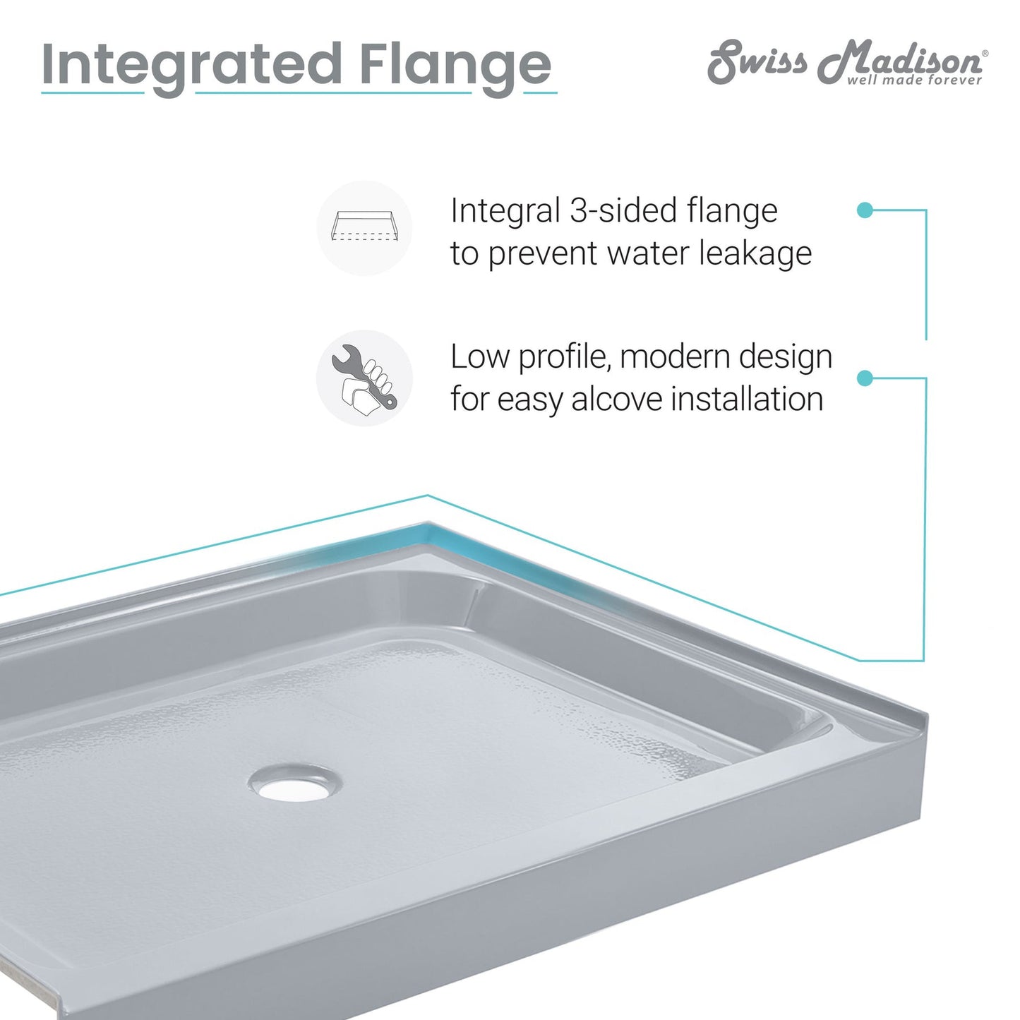 Swiss Madison Voltaire 48" x 32" Three-Wall Alcove Gray Center Drain Shower Base With Built-In Integral Flange