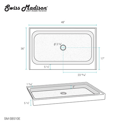 Swiss Madison Voltaire 48" x 36" Three-Wall Alcove Gray Center-Hand Drain Shower Base With Built-In Integral Flange