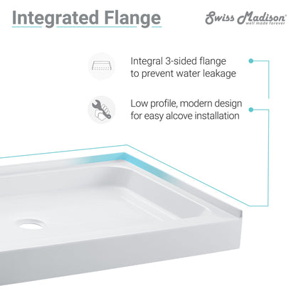 Swiss Madison Voltaire 48" x 36" Three-Wall Alcove White Center-Hand Drain Shower Base With Built-In Integral Flange
