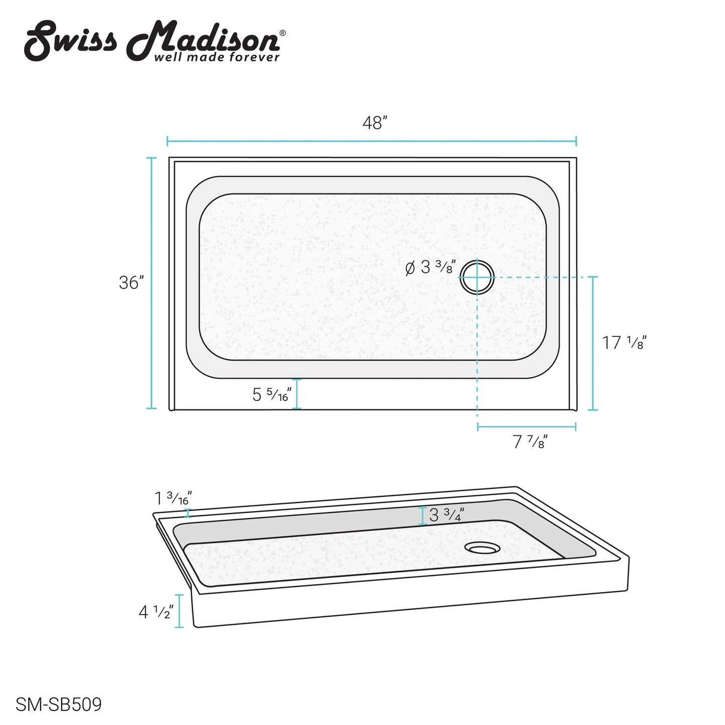 Swiss Madison Voltaire 48" x 36" Three-Wall Alcove White Right-Hand Drain Shower Base With Built-In Integral Flange