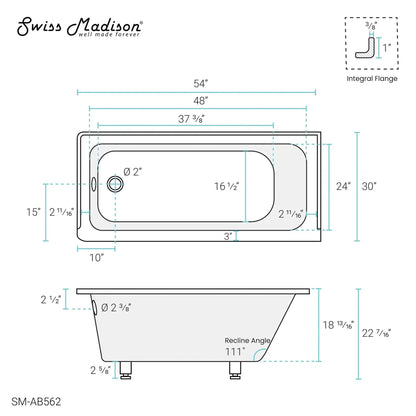Swiss Madison Voltaire 54" x 30" Glossy White Left-Hand Drain Alcove Bathtub With Built-In Flange & Adjustable Feet