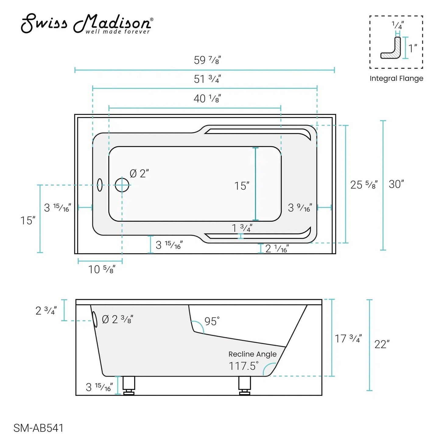 Swiss Madison Voltaire 60" x 30" Glossy White Left-Hand Drain Alcove Bathtub With Integrated Armrest and Built-In Flange & Apron Front