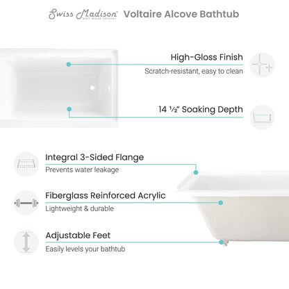 Swiss Madison Voltaire 60" x 30" Glossy White Right-Hand Drain Alcove Bathtub With Built-In Flange & Adjustable Feet