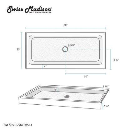 Swiss Madison Voltaire 60" x 30" Three-Wall Alcove Black Center Drain Shower Base With Built-In Integral Flange