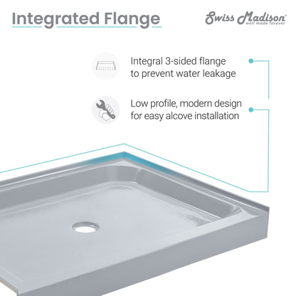 Swiss Madison Voltaire 60" x 30" Three-Wall Alcove Gray Center Drain Shower Base With Built-In Integral Flange