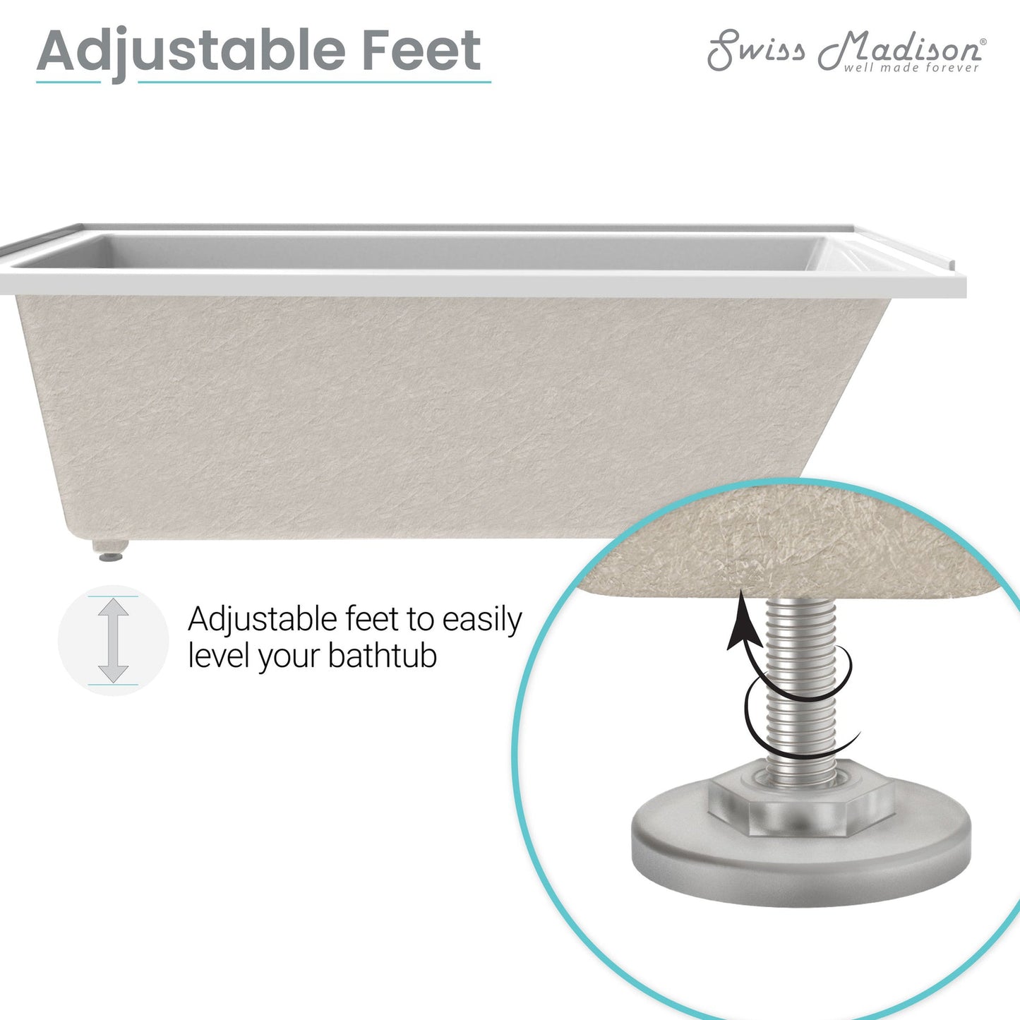 Swiss Madison Voltaire 60" x 30" White Reversible Drain Drop-In Bathtub With Adjustable Feet