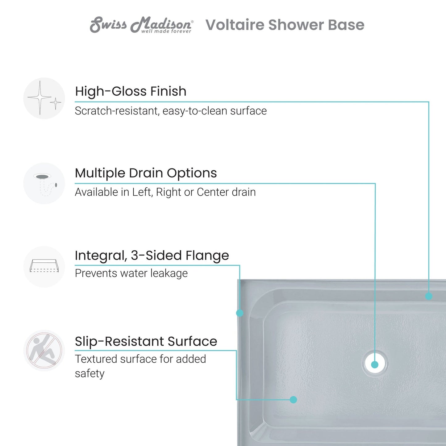 Swiss Madison Voltaire 60" x 32" Three-Wall Alcove Gray Left-Hand Drain Shower Base With Built-In Integral Flange
