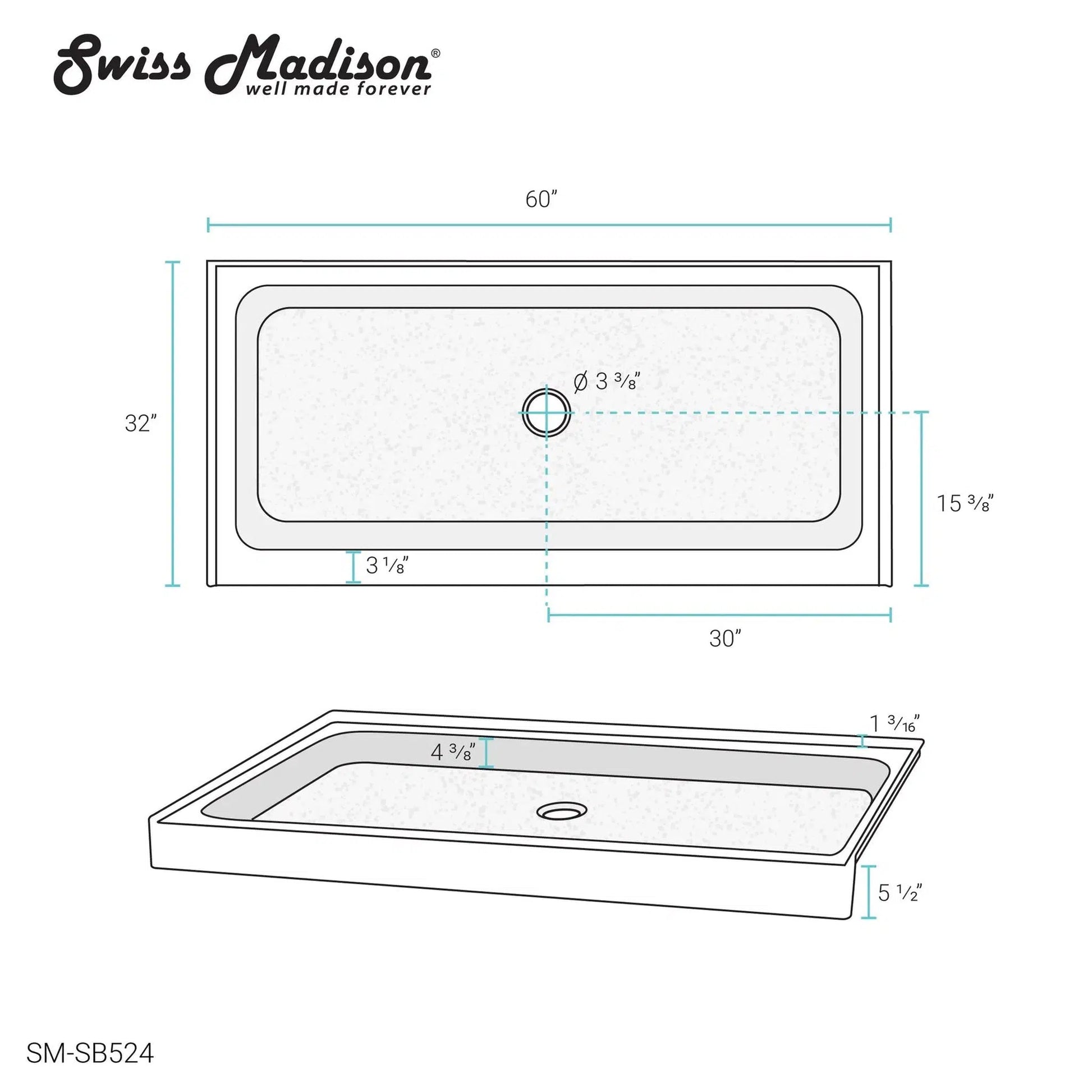 Swiss Madison Voltaire 60" x 32" Three-Wall Alcove White Center Drain Shower Base With Built-In Integral Flange