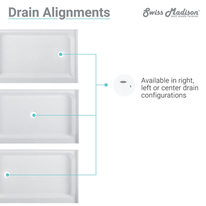 Swiss Madison Voltaire 60" x 32" Three-Wall Alcove White Right-Hand Drain Shower Base With Built-In Integral Flange