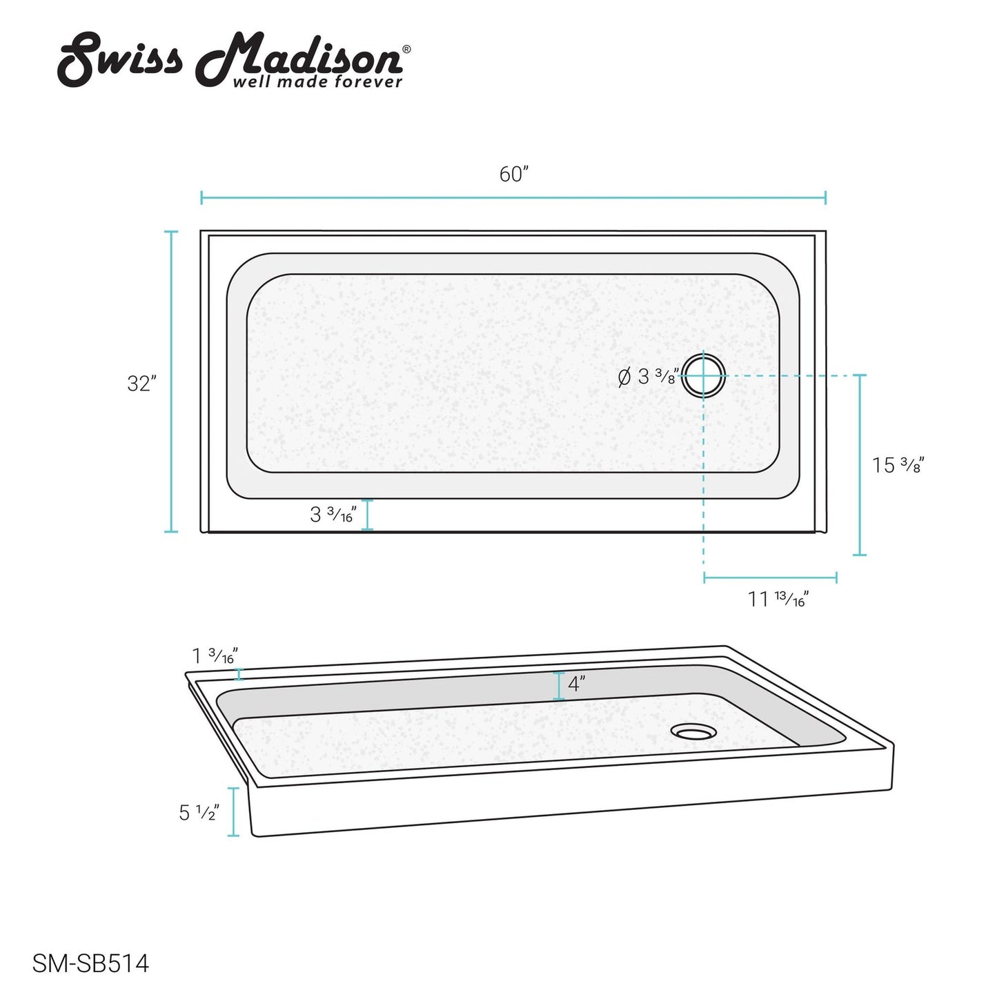 Swiss Madison Voltaire 60" x 32" Three-Wall Alcove White Right-Hand Drain Shower Base With Built-In Integral Flange
