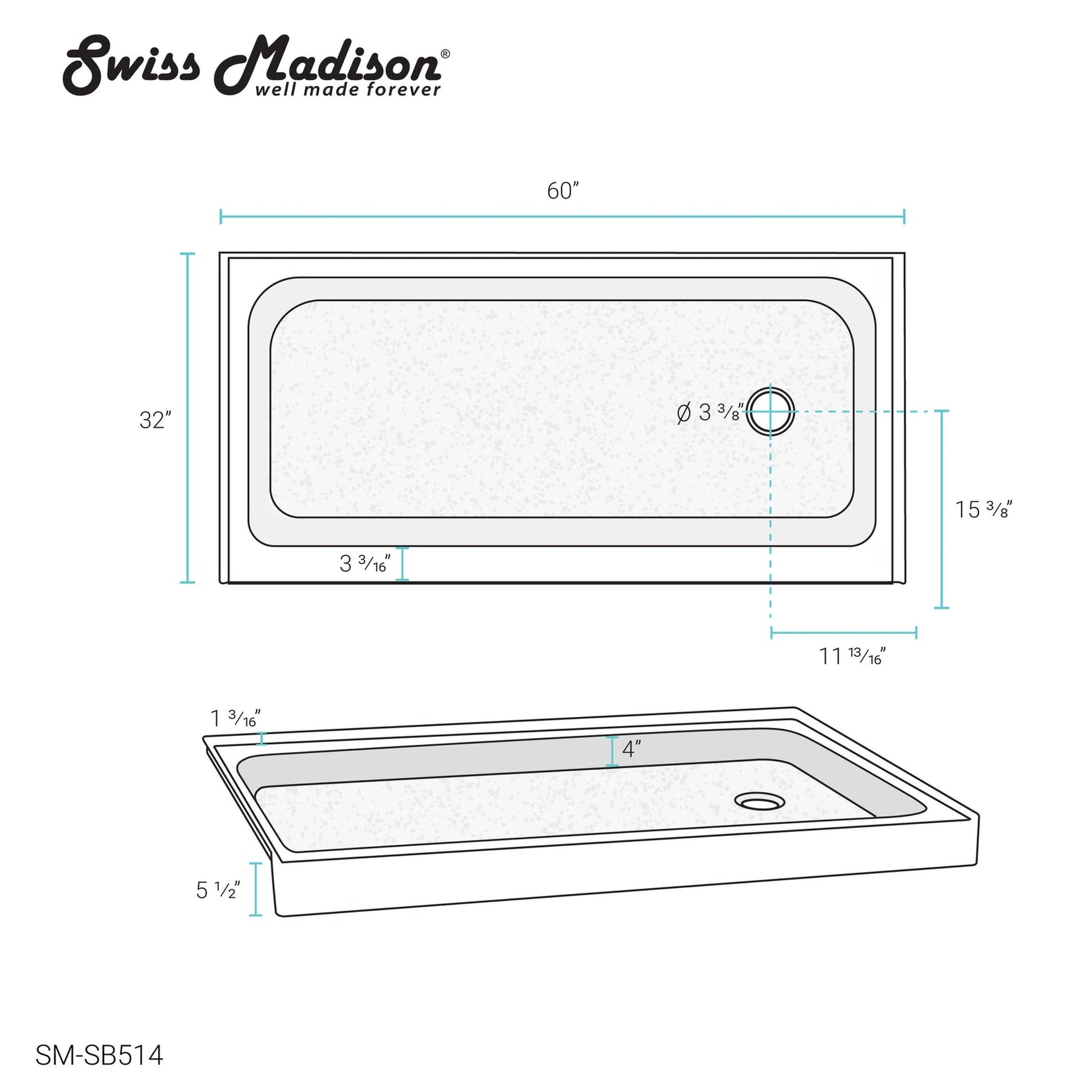 Swiss Madison Voltaire 60" x 32" Three-Wall Alcove White Right-Hand Drain Shower Base With Built-In Integral Flange