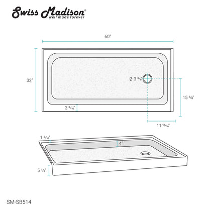 Swiss Madison Voltaire 60" x 32" Three-Wall Alcove White Right-Hand Drain Shower Base With Built-In Integral Flange