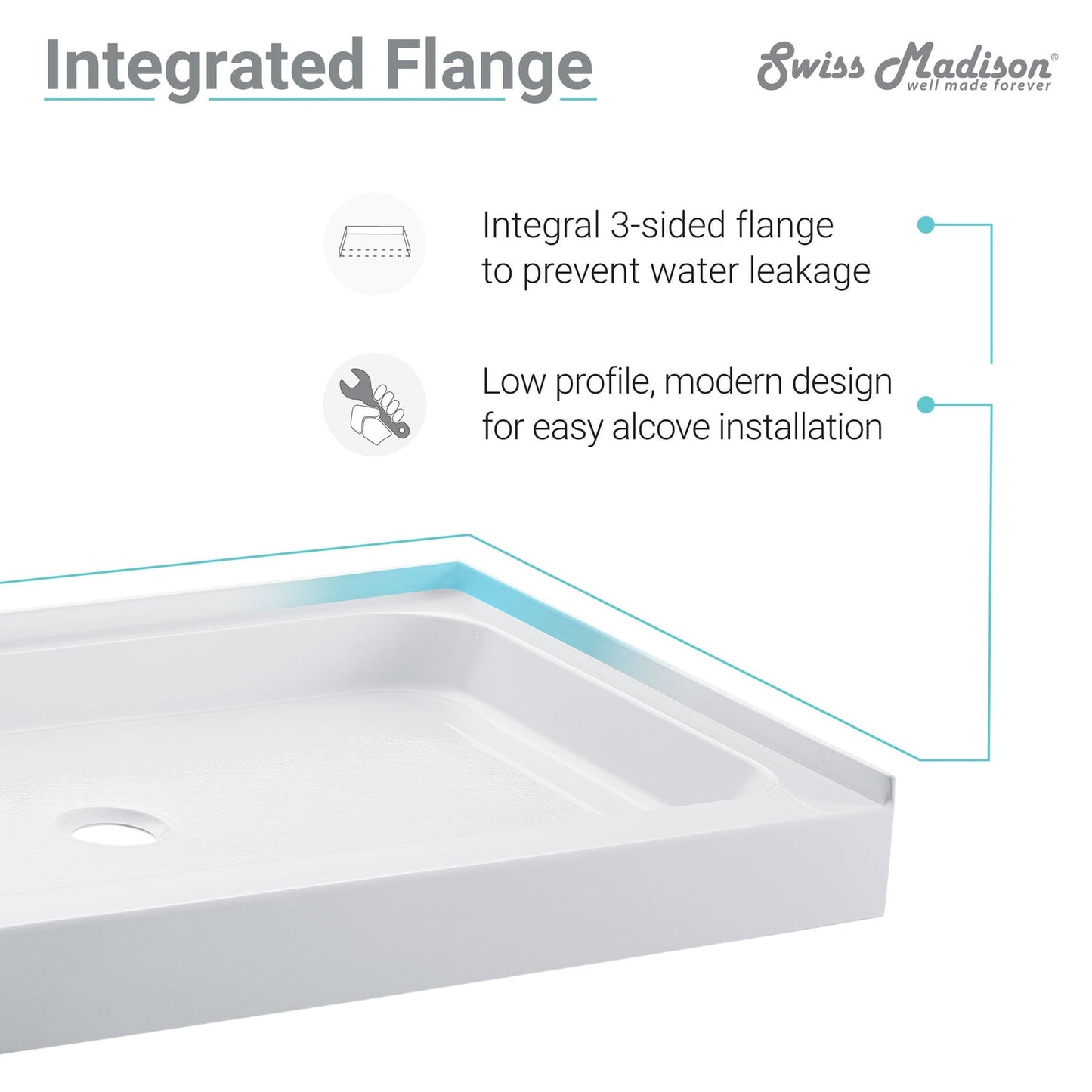 Swiss Madison Voltaire 60" x 32" Three-Wall Alcove White Right-Hand Drain Shower Base With Built-In Integral Flange
