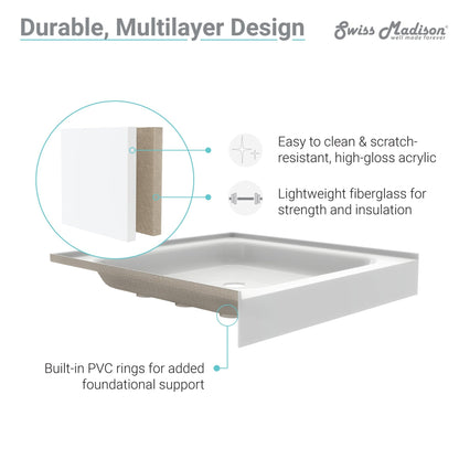 Swiss Madison Voltaire 60" x 32" Three-Wall Alcove White Right-Hand Drain Shower Base With Built-In Integral Flange