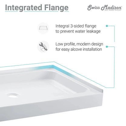 Swiss Madison Voltaire 60" x 34" Three-Wall Alcove White Center Drain Shower Base With Built-In Integral Flange