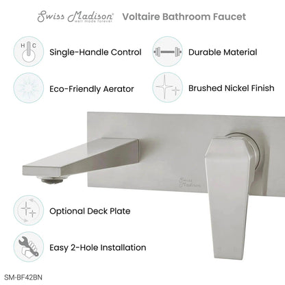Swiss Madison Voltaire 9" Brushed Nickel Two Hole Wall-Mounted Bathroom Faucet With Single Lever Handle and 1.5 GPM Flow Rate