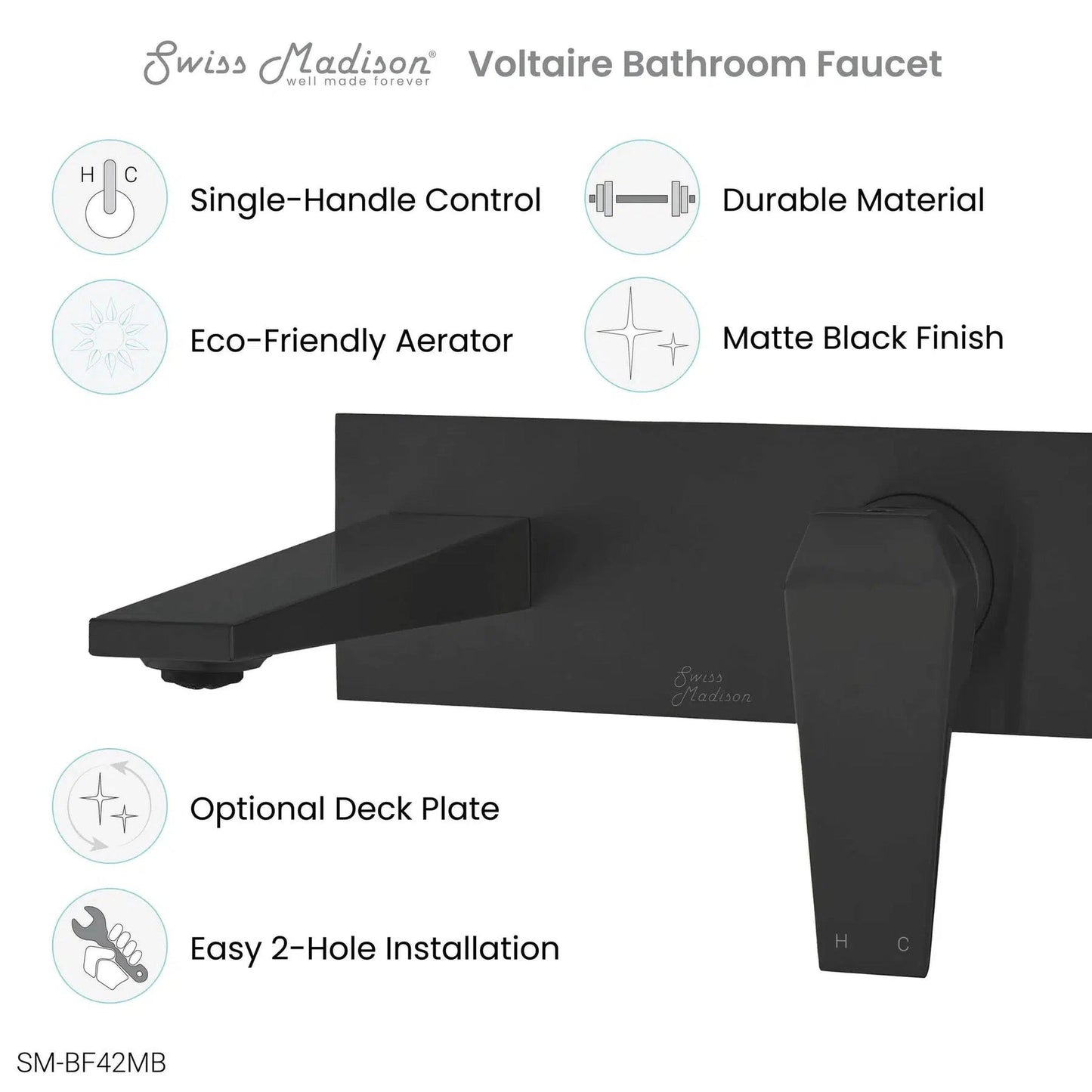 Swiss Madison Voltaire 9" Matte Black Two Hole Wall-Mounted Bathroom Faucet With Single Lever Handle and 1.5 GPM Flow Rate