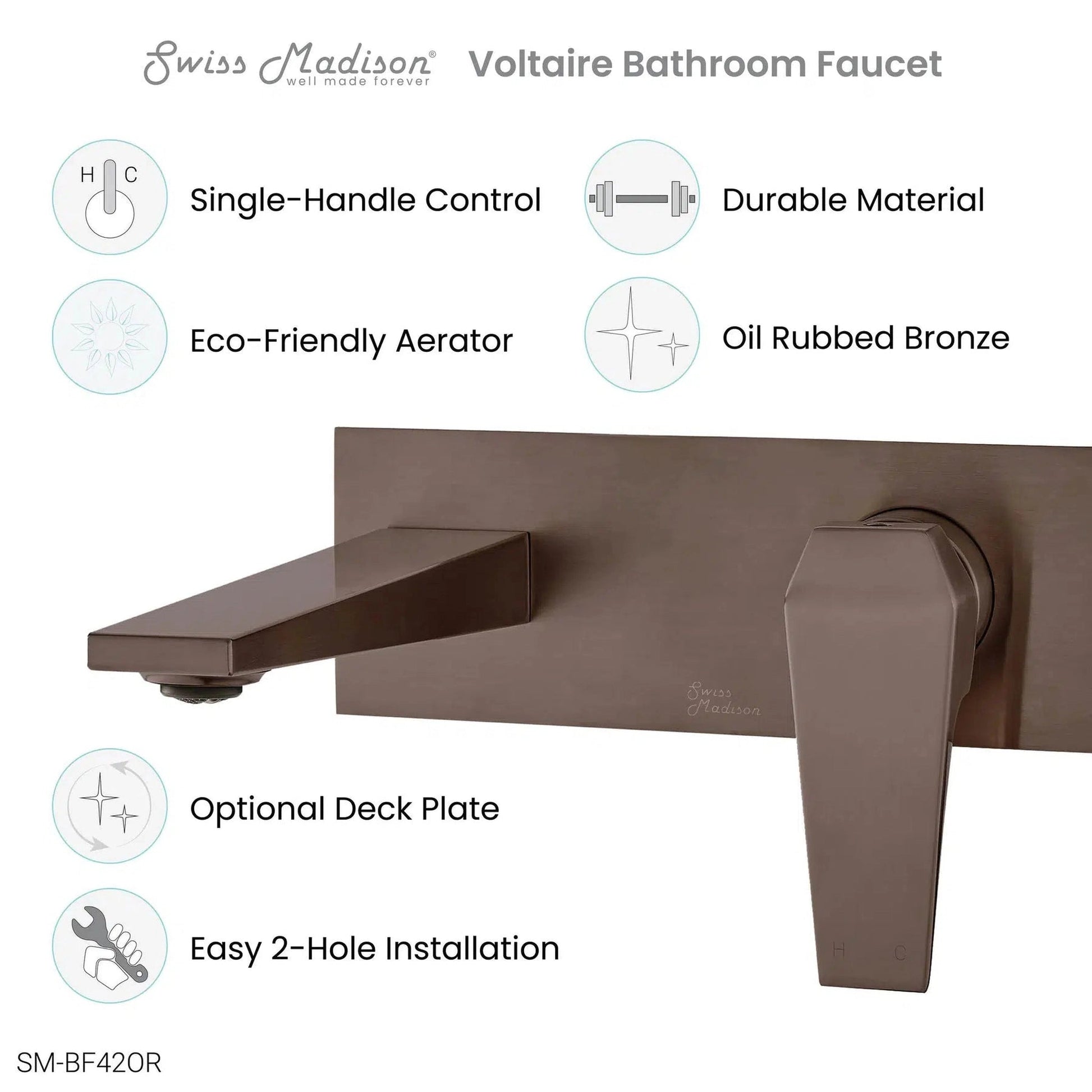 Swiss Madison Voltaire 9" Oil Rubbed Bronze Two Hole Wall-Mounted Bathroom Faucet With Single Lever Handle and 1.5 GPM Flow Rate