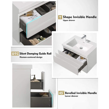 TONA Angela 36" White Wall-Mounted Bathroom Vanity With Faux Marble Integrated Top & Single Sink