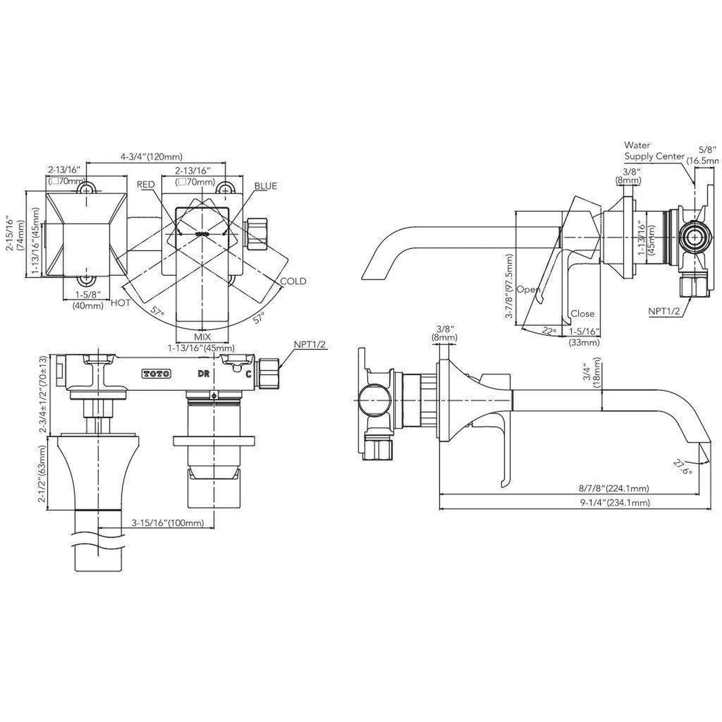 TOTO GC Polished French Gold 1.2 GPM Single-Handle Wall-Mounted Long Bathroom Sink Faucet With Comfort Glide