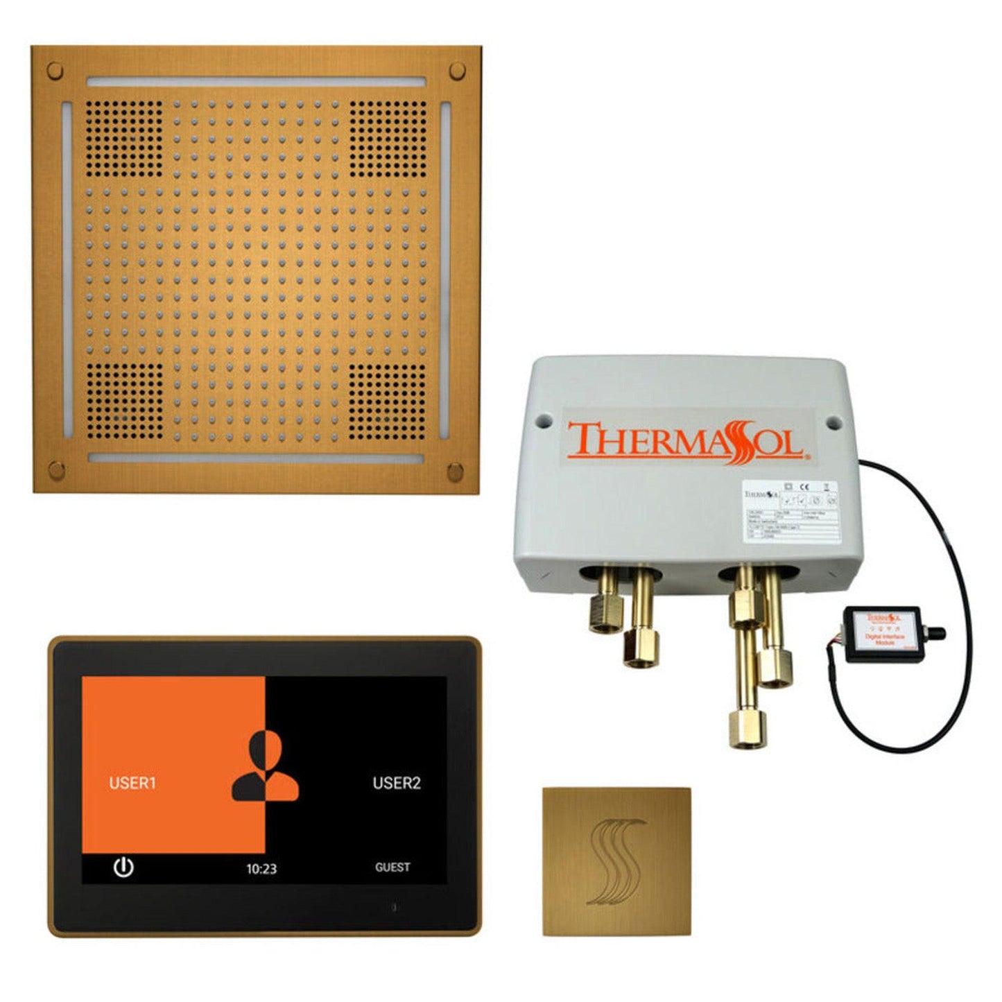 ThermaSol The Total Wellness Antique Brass Finish Hydrovive Package with 10" ThermaTouch and Square SteamVection