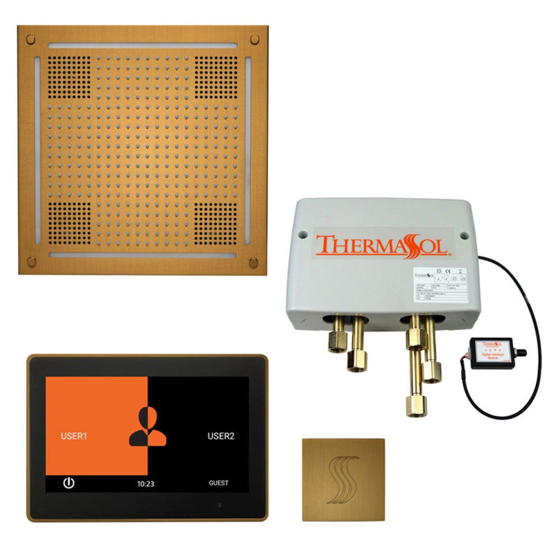 ThermaSol The Total Wellness Antique Brass Finish Hydrovive Package with 10" ThermaTouch and Square SteamVection