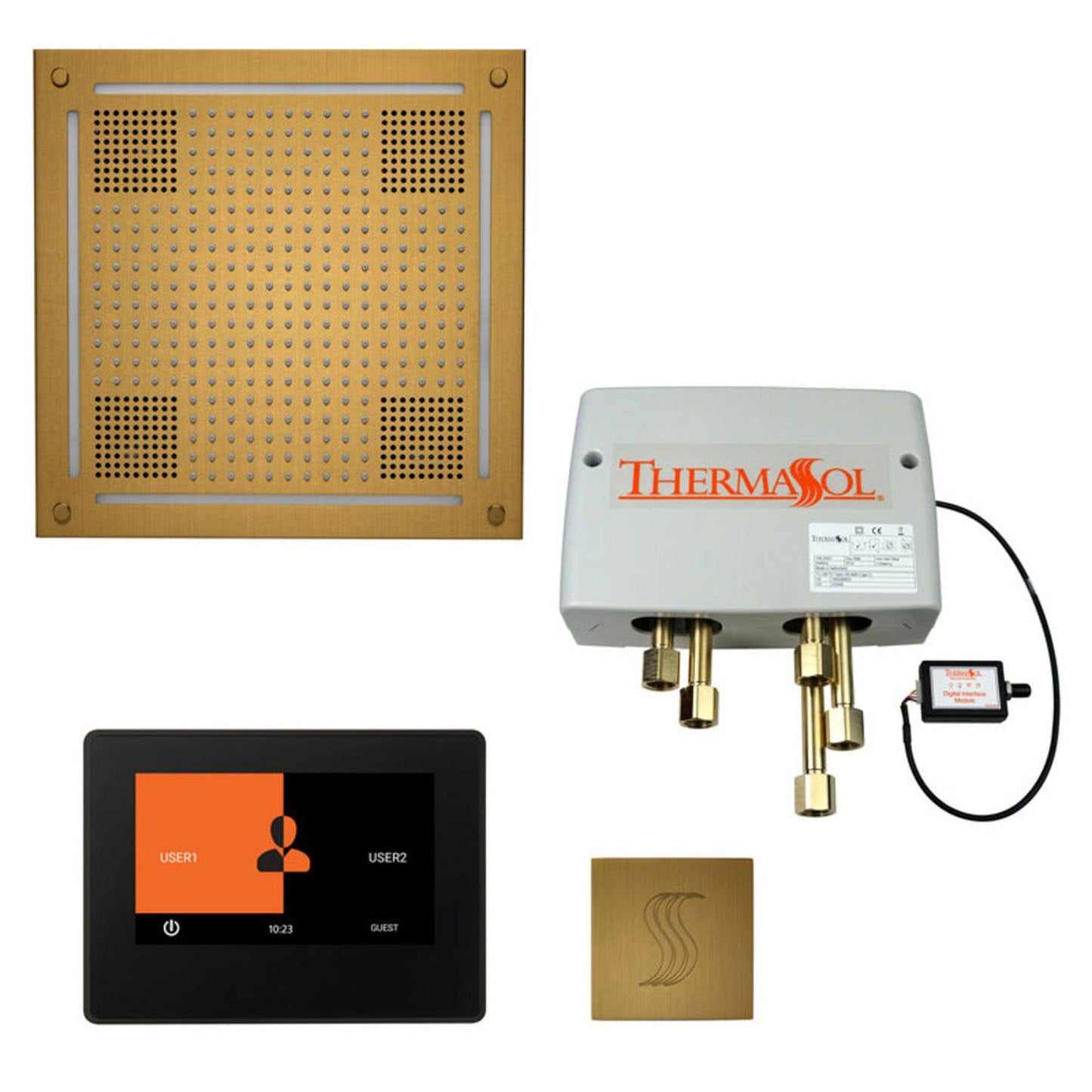 ThermaSol The Total Wellness Antique Brass Finish Hydrovive Package with 7" ThermaTouch and Square SteamVection