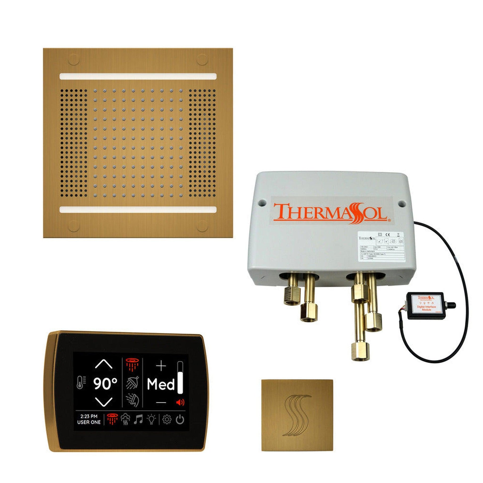 ThermaSol The Total Wellness Antique Brass Finish Hydrovive14 Package with 5" Recessed SignaTouch and Square SteamVection