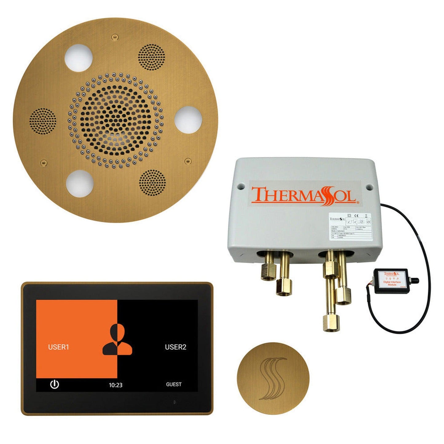 ThermaSol The Total Wellness Antique Brass Finish Serenity Advanced Round Package with 10" ThermaTouch and Round SteamVection