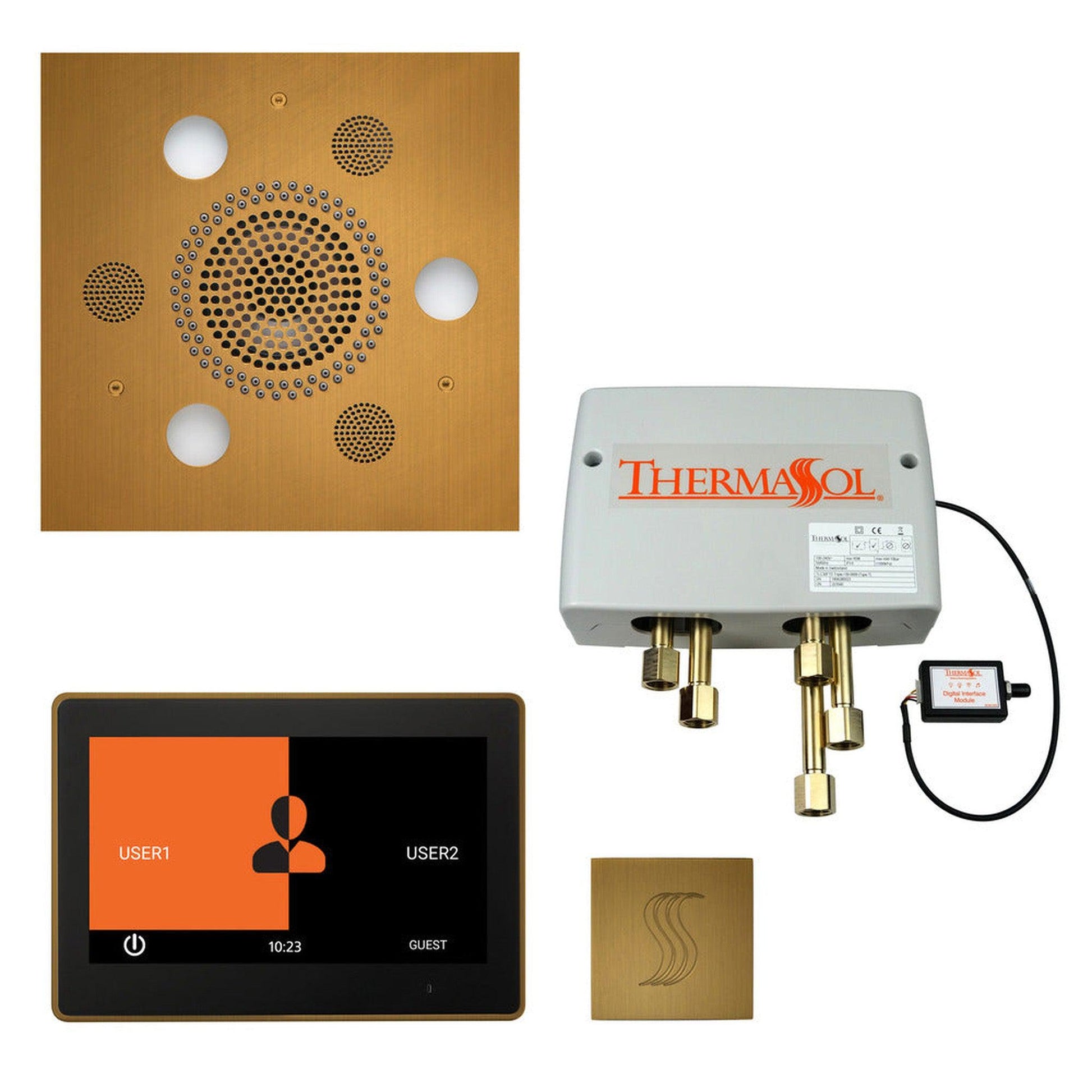 ThermaSol The Total Wellness Antique Brass Finish Serenity Advanced Square Package with 10" ThermaTouch and Square SteamVection