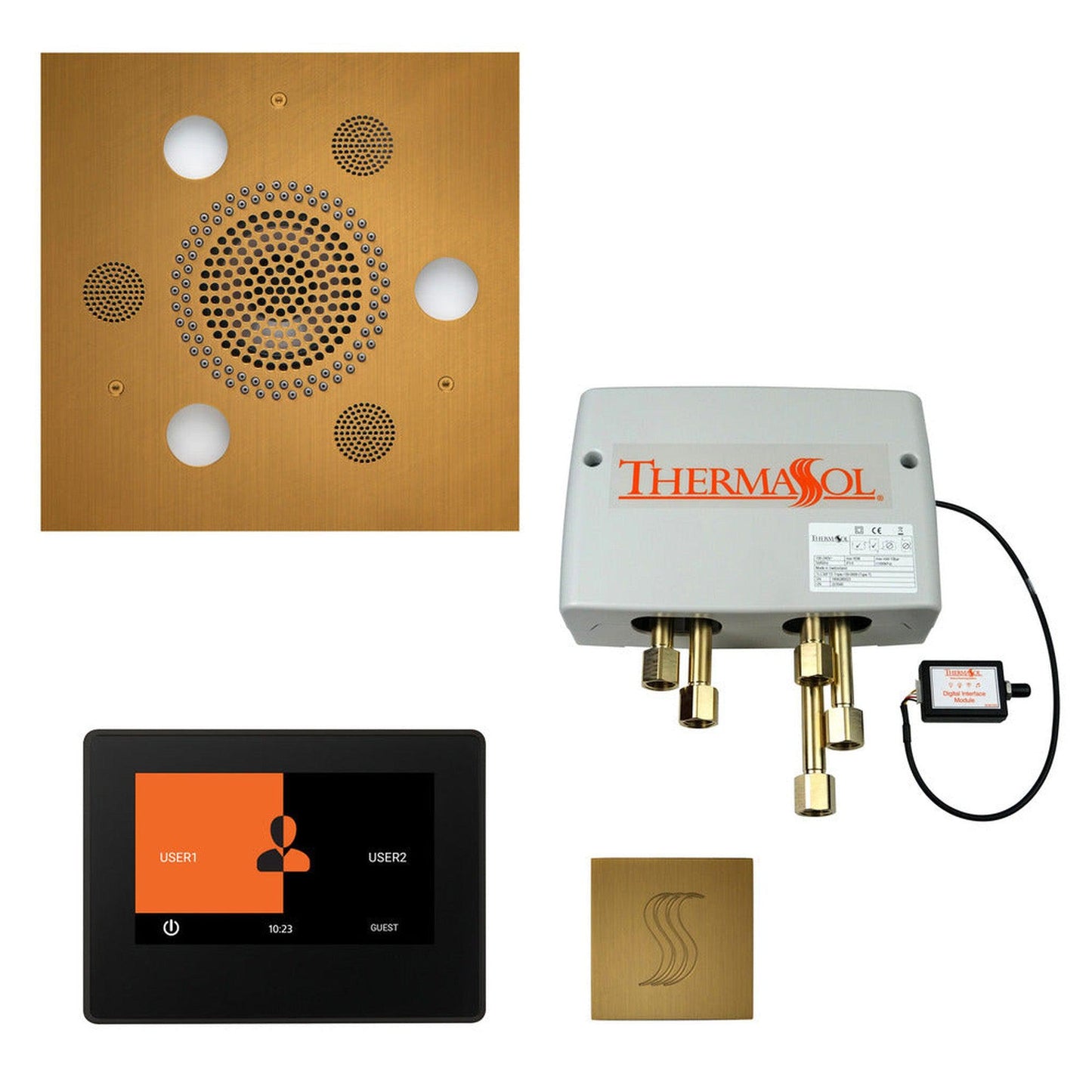 ThermaSol The Total Wellness Antique Brass Finish Serenity Advanced Square Package with 7" ThermaTouch and Square SteamVection