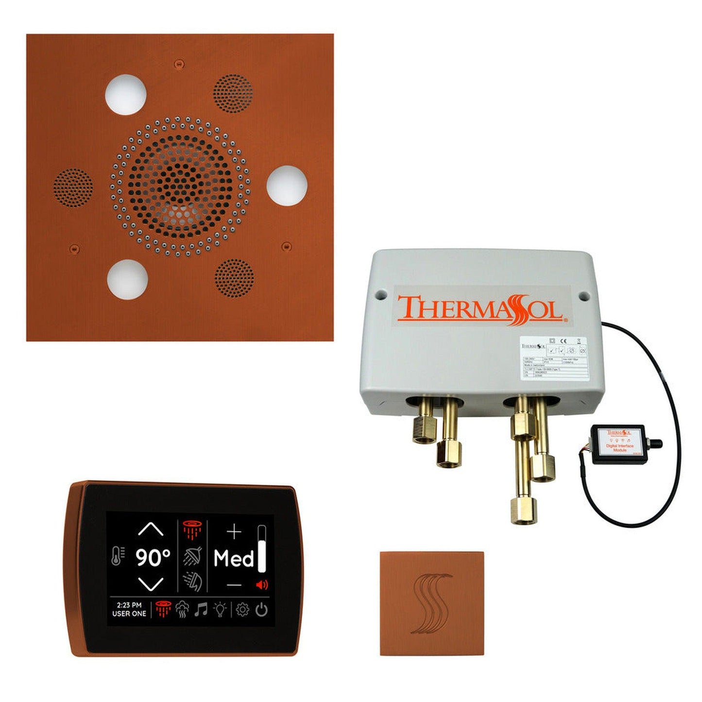 ThermaSol The Total Wellness Antique Brass Finish Serenity Advancedd Square Package with 5" Recessed SignaTouch and Square SteamVection