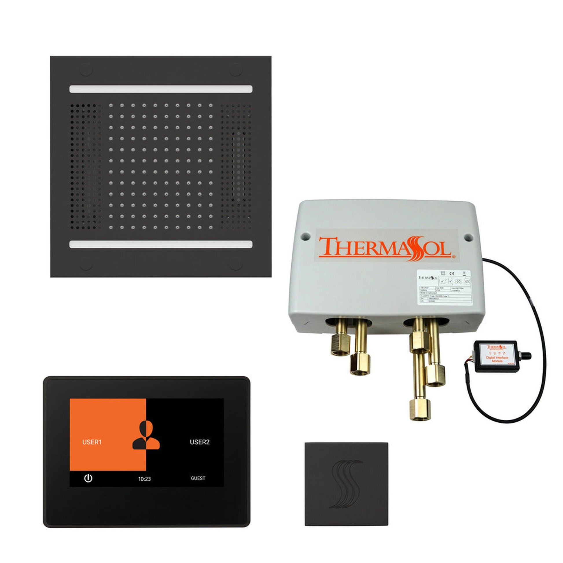 ThermaSol The Total Wellness Matte Black Finish Hydrovive14 Package with 7" ThermaTouch and Square SteamVection