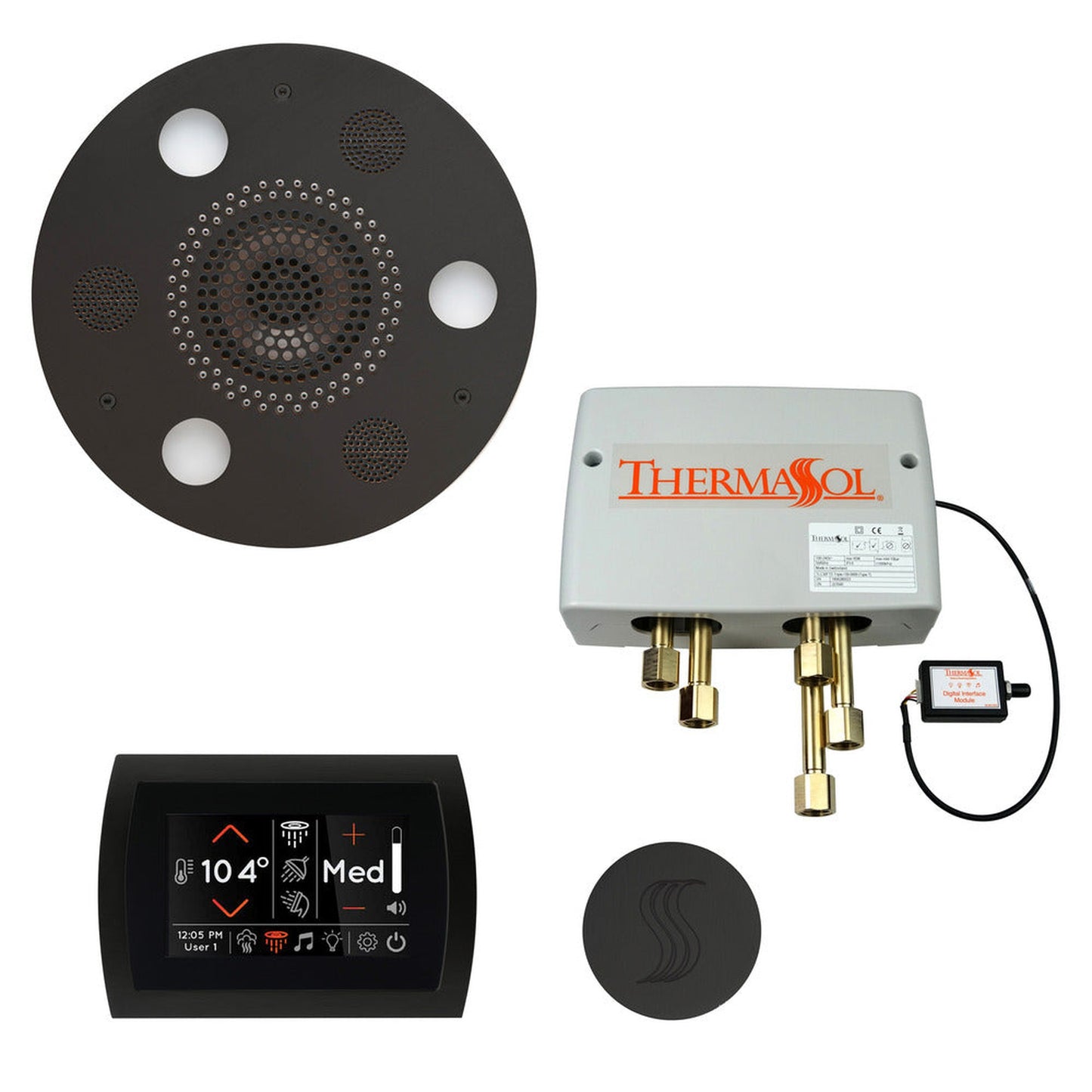 ThermaSol The Total Wellness Matte Black Finish Serenity Advancedd Round Package with 5" Flushmount SignaTouch and Round SteamVection