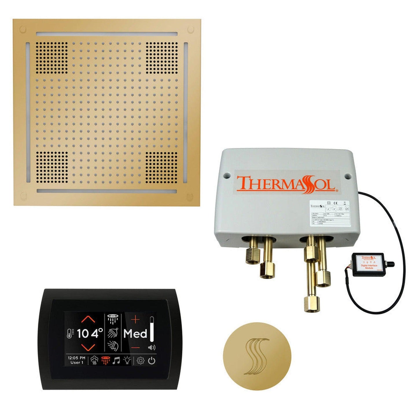 ThermaSol The Total Wellness Polished Brass Finish Hydrovive Package with 5" Flushmount SignaTouch and Round SteamVection