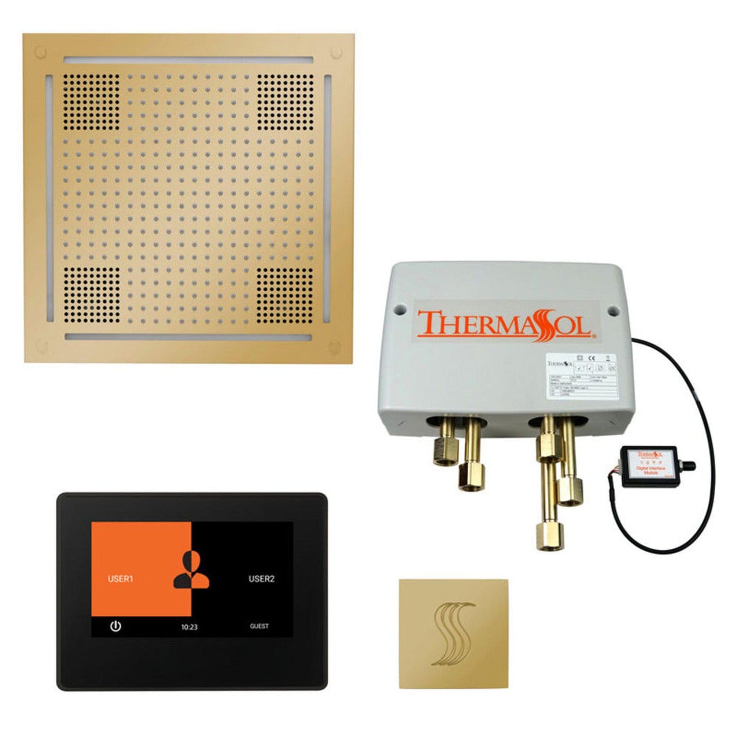 ThermaSol The Total Wellness Polished Brass Finish Hydrovive Package with 7" ThermaTouch and Square SteamVection